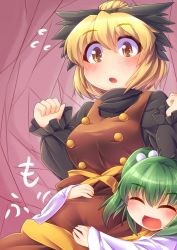 Rule 34 | 2girls, :d, :o, ^ ^, blonde hair, blush, closed eyes, dress, closed eyes, female focus, flying sweatdrops, fun bo, hair bobbles, hair ornament, hug, kisume, kurodani yamame, multiple girls, open mouth, revision, side ponytail, smile, touhou, translation request, twintails, yellow eyes