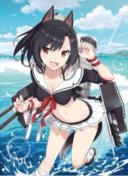 Rule 34 | 1girl, :d, absurdres, animal ears, ayuya naka no hito, azur lane, black hair, black shirt, blush, breasts, claw pose, collarbone, crop top, day, fang, gotyou, hands up, highres, leg warmers, light rays, looking at viewer, medium breasts, microskirt, midriff, nail polish, navel, ocean, open mouth, outdoors, pleated skirt, red nails, rigging, sailor collar, shigure (azur lane), shirt, short sleeves, sidelocks, skirt, smile, solo, sunbeam, sunlight, thighs, tsurime, v-shaped eyebrows, white skirt, wristband