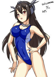 Rule 34 | 10s, 1girl, artist name, black hair, breasts, choker, competition swimsuit, covered erect nipples, cowboy shot, hairband, hand on own hip, highleg, highleg swimsuit, kantai collection, large breasts, long hair, nagato (kancolle), one-piece swimsuit, red eyes, sakiyamama, simple background, solo, swimsuit, white background
