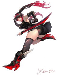 Rule 34 | 1girl, absurdres, ass, black hair, black panties, black skirt, breasts, commentary request, fake horns, full body, gradient hair, grey thighhighs, high heels, highres, holding, holding sword, holding weapon, horns, impossible clothes, joints, lucia: dawn (punishing: gray raven), lucia (punishing: gray raven), lxkate, mechanical arms, medium breasts, multicolored hair, oni horns, over-kneehighs, panties, prosthesis, prosthetic arm, punishing: gray raven, red eyes, red hair, red scarf, scarf, signature, single mechanical arm, single thighhigh, skin tight, skirt, solo, stiletto heels, sword, thigh strap, thighhighs, torn clothes, torn legwear, twintails, two-tone hair, underwear, upskirt, weapon, white background