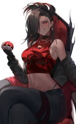 Rule 34 | 1girl, :d, bare shoulders, black gloves, black hair, black jacket, black pants, blush, breasts, creatures (company), crop top, crossed legs, fingerless gloves, game freak, gloves, grin, hair over one eye, highres, holding, holding poke ball, jacket, jewelry, large breasts, long hair, long sleeves, looking at viewer, navel, necklace, nintendo, off shoulder, oni kanzei, open clothes, open jacket, open mouth, original, pants, parted lips, poke ball, poke ball (basic), pokemon, red eyes, sideboob, simple background, smile, solo, thigh strap, throne, white background