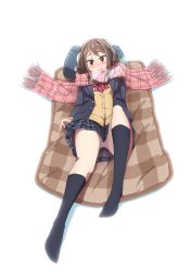 Rule 34 | 1girl, black jacket, black socks, blue skirt, blush, bow, bowtie, breasts, breath, brown eyes, brown hair, buttons, cameltoe, closed mouth, earmuffs, female focus, full body, futon, happy, head tilt, highres, jacket, knee up, long hair, long sleeves, looking at viewer, lying, matching hair/eyes, miniskirt, nose blush, on back, open clothes, open jacket, original, panties, pantyshot, pillow, plaid, plaid scarf, plaid skirt, pleated skirt, pocket, red bow, red bowtie, red scarf, scarf, school uniform, shapoco, sidelocks, simple background, skirt, small breasts, smile, socks, solo, sweater, underwear, upskirt, white background, white panties, winter clothes, yellow sweater