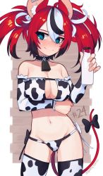 Rule 34 | 1girl, @ @, animal ear fluff, animal ears, animal print, arm under breasts, bare shoulders, bell, bikini, black bow, black hair, blue eyes, blush, bottle, bow, breasts, choker, closed mouth, collarbone, contrapposto, cow print, cowbell, cowboy shot, detached sleeves, dice hair ornament, embarrassed, groin, hair between eyes, hair ornament, hakos baelz, highres, holding, holding bottle, hololive, hololive english, large breasts, looking at viewer, milk, milk bottle, mouse ears, mouse girl, mouse tail, multicolored hair, navel, neck bell, print bikini, print thighhighs, red hair, smile, solo, streaked hair, sweatdrop, swimsuit, tail, tail bow, tail ornament, tearing up, thighhighs, twintails, twitter username, virtual youtuber, white hair, yoako