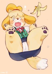 Rule 34 | !, 1girl, :3, animal crossing, animal ears, animal hands, arms up, artist name, banana peel, barefoot, bebebe, blonde hair, blue skirt, blush, cameltoe, constricted pupils, dog ears, dog girl, dog tail, embarrassed, falling, female focus, flat chest, full body, furry, furry female, green vest, hair tie, isabelle (animal crossing), miniskirt, neck ribbon, nintendo, no humans, nose blush, o o, open mouth, orange background, outstretched arms, panties, pawpads, pencil skirt, plaid, plaid vest, red ribbon, ribbon, shirt, short hair, short sleeves, signature, simple background, skirt, solo, spread arms, surprised, sweat, tail, thick thighs, thighs, topknot, underwear, upskirt, vest, white eyes, white panties, white shirt