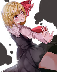 Rule 34 | 1girl, absurdres, backlighting, black skirt, black vest, blonde hair, blouse, commentary request, cowboy shot, darkness, fingernails, from side, highres, long sleeves, looking at viewer, looking to the side, mahoro (minase mahoro), medium hair, nail polish, red eyes, red nails, rumia, sharp fingernails, shirt, simple background, skirt, skirt set, solo, thighs, touhou, vest, white background, white shirt