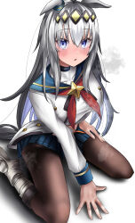 Rule 34 | 1girl, absurdres, ahoge, animal ears, bag, belt, black pantyhose, blue eyes, blue skirt, chestnut mouth, commentary request, grey belt, grey hair, highres, horse ears, horse girl, horse tail, legs, long hair, long sleeves, looking at viewer, midriff peek, multicolored hair, navel, neckerchief, oguri cap (umamusume), on ground, open mouth, pantyhose, paper bag, po musubi, red neckerchief, sailor collar, shirt, simple background, sitting, skirt, soles, solo, streaked hair, tail, toes, umamusume, visible air, wariza, white background, white shirt