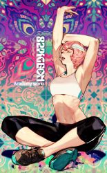 Rule 34 | 1girl, armpits, brown footwear, closed eyes, full body, hands up, headband, highres, indian style, leggings, multicolored background, navel, original, parted lips, pigeon666, pink hair, shoes, short hair, sitting, solo, sports bra, stomach, stretching, toned