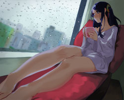 Rule 34 | 1girl, bare legs, barefoot, beijuu, blue eyes, blue hair, blurry, collarbone, couch, cup, depth of field, dress shirt, foreshortening, holding, holding cup, indoors, krt girls, long hair, looking outside, looking to the side, matching hair/eyes, perspective, rain, shirt, side ponytail, sitting, solo, steam, water drop, window, xiao qiong