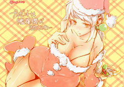 Rule 34 | 10s, 1girl, alternate costume, arm support, bad id, bad pixiv id, bra, breasts, cleavage, cupless bra, detached sleeves, dress, from above, hair ornament, hand on own chest, hat, kantai collection, large breasts, long hair, looking at viewer, off shoulder, santa costume, santa hat, senbiki (nonono69), short dress, silver hair, sitting, underwear, unryuu (kancolle), very long hair, wariza, yellow eyes