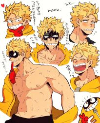 1boy abs bara belly biceps black_mask blush boku_no_hero_academia bruise clenched_teeth closed_eyes commentary_request fat fat_gum_(boku_no_hero_academia) fat_man heart highres injury jacket laughing looking_at_viewer looking_to_the_side male_focus mo_nu_666 multiple_views muscular muscular_male navel nipples pectorals smile superhero_costume tearing_up teeth translation_request yellow_jacket