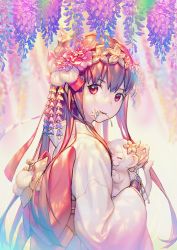 Rule 34 | 1girl, animal, flower, hair flower, hair ornament, highres, holding, holding animal, japanese clothes, kkuem, long hair, long sleeves, looking at viewer, monkey, mouth hold, original, pink eyes, pink hair, solo, upper body, wisteria
