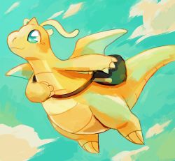 Rule 34 | blue sky, claws, closed mouth, cloud, cloudy sky, creature, creatures (company), day, dragon, dragonite, flying, game freak, gen 1 pokemon, happy, nintendo, no humans, outdoors, pokemon, pokemon (creature), rinnai-rai, sky, smile, solo, wings
