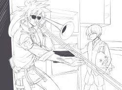 Rule 34 | 2boys, eyepatch, grandfather and grandson, guilty gear, guilty gear 2, highres, instrument, kitchen, kuangren k, lineart, male focus, meme, multiple boys, music, oven, playing instrument, shorts, sin kiske, sol badguy, spiked hair, stuffed toy, sunglasses, trombone, when mama isn&#039;t home (meme)