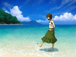 Rule 34 | 00s, 1girl, arms behind back, bad id, bad pixiv id, barefoot, beach, brown hair, day, feet, hagiwara yukiho, hill, idolmaster, idolmaster (classic), mountain, o&#039;m, ocean, om (carbohydratism), outdoors, scenery, sky, solo, wading, wallpaper, water