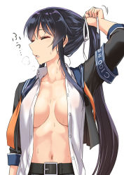 Rule 34 | 1girl, abo (hechouchou), belt, black belt, black hair, black jacket, blue sailor collar, blush, breasts, collarbone, closed eyes, jacket, kantai collection, large breasts, long hair, long sleeves, motion lines, navel, open clothes, open jacket, open mouth, open shirt, ponytail, sailor collar, shirt, simple background, solo, upper body, white background, white shirt, yahagi (kancolle), yahagi kai ni (kancolle)