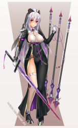 Rule 34 | 1girl, armor, armored dress, breasts, catholic, covered erect nipples, covered navel, cross, cross necklace, cross tattoo, full body, gloves, habit, hat, heterochromia, high heels, highres, jewelry, large breasts, long hair, looking at viewer, midnight (banyex), mole, mole under mouth, necklace, no panties, nun, original, purple eyes, robe, side slit, silver hair, solo, sword, thighhighs, veil, weapon, white gloves, white thighhighs, yellow eyes