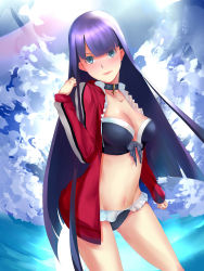 Rule 34 | 1girl, absurdres, bikini, blue eyes, blush, breasts, choker, cleavage, cross, fate/grand order, fate (series), head tilt, highres, jacket, large breasts, long hair, martha (fate), martha (swimsuit ruler) (fate), martha (swimsuit ruler) (second ascension) (fate), navel, open clothes, open jacket, purple hair, solo, swimsuit, type-moon fans
