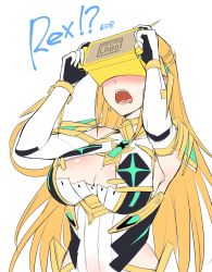 Rule 34 | 1girl, armor, blonde hair, breasts, cleavage, cleavage cutout, clothing cutout, covered navel, earrings, gem, gloves, head-mounted display, headpiece, highres, jewelry, large breasts, long hair, mythra (xenoblade), nintendo, nintendo labo, shoulder armor, solo, surprised, swept bangs, thigh strap, tiara, xenoblade chronicles (series), xenoblade chronicles 2, yellow eyes, yuuki shin