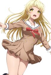 Rule 34 | 1girl, :d, absurdres, bang dream!, black footwear, blonde hair, blunt bangs, blunt ends, blush, breasts, brown dress, buttons, collarbone, commentary, cowboy shot, double-breasted, dress, floating hair, hanasakigawa school uniform, hands up, highres, leg up, long hair, long sleeves, looking at viewer, medium breasts, neck ribbon, noshimurin, open mouth, outstretched arms, pleated dress, red ribbon, ribbon, sailor collar, school uniform, serafuku, shoes, sidelocks, simple background, smile, solo, standing, standing on one leg, teeth, tsurumaki kokoro, upper teeth only, white background, white sailor collar, yellow eyes
