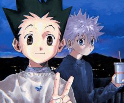 Rule 34 | 2boys, :o, alternate costume, bad id, bad twitter id, black hair, blue eyes, blue sweater, brown eyes, cup, disposable cup, gon freecss, holding, holding cup, hunter x hunter, killua zoldyck, male focus, mountain, multiple boys, night, open mouth, outdoors, selfie, silver hair, sky, smile, spiked hair, sweater, toripippi 7, v, white sweater
