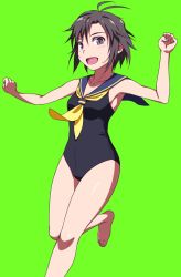 Rule 34 | 1girl, antenna hair, barefoot, black hair, black one-piece swimsuit, breasts, green background, idolmaster, idolmaster (classic), kikuchi makoto, one-piece swimsuit, open mouth, puge, purple eyes, running, sailor collar, short hair, simple background, small breasts, smile, solo, swimsuit, toes