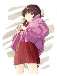 Rule 34 | 1girl, :&lt;, abstract background, ascot, black eyes, black hair, blush, brown eyes, cropped legs, down jacket, half-closed eyes, jacket, kaai yuki, long hair, long sleeves, looking to the side, low twintails, open clothes, open jacket, pink jacket, pleated skirt, puffy long sleeves, puffy sleeves, red ascot, red skirt, sakadakei, shirt, skirt, solo, twintails, vocaloid, white background, white shirt
