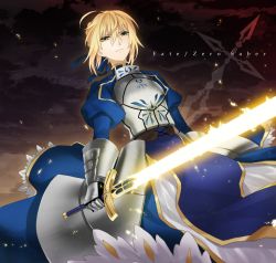 Rule 34 | 1girl, ahoge, armor, armored dress, artoria pendragon (all), artoria pendragon (fate), bad id, bad pixiv id, blonde hair, character name, command spell, copyright name, dress, excalibur (fate/stay night), fate/zero, fate (series), glowing, glowing sword, glowing weapon, green eyes, hair ribbon, kyo zip, revision, ribbon, saber (fate), solo, sword, weapon