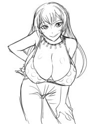 Rule 34 | 1girl, bent over, breasts, cleavage, downblouse, greyscale, hand on own hip, hand on own knee, huge breasts, jewelry, joy (shenmue), long hair, looking at viewer, matsu-sensei, monochrome, necklace, polka dot, shenmue, shenmue ii, smile, solo