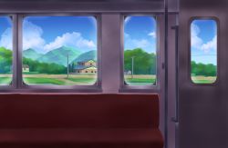 Rule 34 | bad id, bad pixiv id, biako, blue sky, brick wall, cloud, day, hedge, highres, house, interior, mountain, no humans, original, power lines, rice paddy, road, rural, scenery, seat, sky, train interior, tree, utility pole, water, window