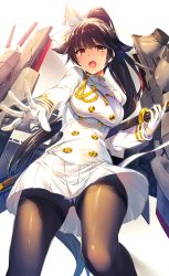 Rule 34 | 1girl, akanagi youto, azur lane, black hair, black pantyhose, bow, commentary request, gloves, hair bow, hair ribbon, highres, holding, holding sword, holding weapon, katana, long hair, looking at viewer, machinery, military, military uniform, naval uniform, orange eyes, pantyhose, pleated skirt, ponytail, ribbon, skirt, solo, sword, takao (azur lane), turret, uniform, weapon, white gloves