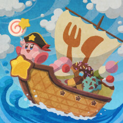 Rule 34 | blue eyes, blush stickers, cake, cloud, cookie, dango, food, food focus, fruit, hat, highres, holding, holding food, ice cream, invincible candy, kirby, kirby (series), miclot, nintendo, no humans, open mouth, pink footwear, pirate hat, pudding, sanshoku dango, ship, shoes, sky, star (symbol), strawberry, strawberry shortcake, wagashi, water, watercraft