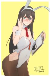 Rule 34 | 1girl, adapted costume, adjusting eyewear, animal ears, artist name, black hair, breasts, brown pantyhose, cleavage, cowboy shot, dated, detached collar, fake animal ears, glasses, green eyes, hip vent, kantai collection, leotard, long hair, masato (mirai koubou), necktie, ooyodo (kancolle), outside border, pantyhose, playboy bunny, rabbit ears, rabbit tail, red necktie, semi-rimless eyewear, simple background, small breasts, solo, standing, strapless, strapless leotard, tail, under-rim eyewear, very long hair, white background, white leotard, wrist cuffs, yellow background