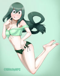 Rule 34 | 1girl, absurdres, arm at side, armpits, artist name, asui tsuyu, bare shoulders, barefoot, bikini, body blush, boku no hero academia, breasts, cleavage, closed mouth, collarbone, feet, feet together, feet up, female focus, finger to cheek, fingernails, frog girl, front-tie bikini top, front-tie top, full body, glitchynpc, gradient background, green background, green bikini, green eyes, green hair, green theme, hair between eyes, hand on own hip, hand up, happy, highres, impossible hair, jumping, legs, legs together, long hair, looking at viewer, medium breasts, midriff, navel, off-shoulder, off-shoulder bikini, off shoulder, side-tie bikini bottom, sidelocks, smile, soles, strapless, strapless bikini, swimsuit, thighs, thighs together, toenails, toes, tongue, tongue out, turning head, two-tone bikini, very long hair