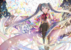 Rule 34 | 1girl, absurdly long hair, black thighhighs, dress, grey eyes, hatsune miku, headphones, highres, long hair, multicolored clothes, multicolored dress, necktie, open mouth, print dress, silver hair, sishenfan, sitting, sleeveless, sleeveless dress, smile, solo, tell your world (vocaloid), thighhighs, twintails, very long hair, vocaloid