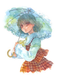 Rule 34 | 1girl, ascot, green hair, highres, kazami yuuka, looking at viewer, open clothes, open vest, painting (medium), parasol, plaid, plaid skirt, plaid vest, red eyes, red vest, shiroma (mamiko), short hair, simple background, skirt, skirt set, solo, touhou, traditional media, umbrella, vest, watercolor (medium), white background, yellow ascot