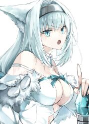 Rule 34 | 1girl, animal ear fluff, animal ears, argyle, argyle clothes, argyle cutout, bare shoulders, blue bow, blue eyes, blue ribbon, bow, breasts, cat ears, cat girl, cleavage, clothing cutout, detached collar, detached sleeves, dobrynya nikitich (fate), dress, fate/grand order, fate (series), fur trim, hair bow, hairband, highres, index finger raised, kino kokko, large breasts, long hair, looking at viewer, low ponytail, open mouth, ribbon, short dress, solo, weapon, white dress, white hair