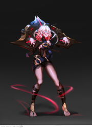 Rule 34 | 1girl, absurdres, ahoge, bandaged leg, bandages, bare shoulders, barefoot, belt, black bandages, black belt, black shorts, breasts, briar (league of legends), brown background, chained wrists, dated, fingernails, full body, gradient background, grey eyes, grey hair, hair between eyes, highres, league of legends, medium breasts, medium hair, multicolored hair, pink hair, renjj7 (renn), sharp fingernails, sharp teeth, shorts, smile, solo, standing, teeth, torn clothes, torn shorts, two-tone hair