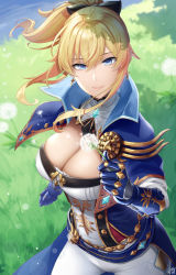 Rule 34 | 1girl, belt, black bow, blonde hair, blue capelet, blush, bow, breasts, capelet, cleavage, cross, cross earrings, dandelion, earrings, flower, gauntlets, genshin impact, hair bow, jean (genshin impact), jewelry, large breasts, long hair, looking at viewer, multicolored capelet, okitakung, pants, ponytail, sidelocks, smile, solo, tight clothes, tight pants, white pants