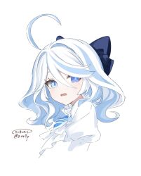Rule 34 | 1girl, ahoge, blue bow, blue eyes, blue gemstone, blue hair, blush, bow, commentary request, drop-shaped pupils, furina (genshin impact), gem, genshin impact, hair between eyes, hair bow, heterochromia, highres, long hair, midorinokaibutu4500, multicolored hair, open mouth, simple background, solo, streaked hair, symbol-shaped pupils, twitter username, white background, white hair