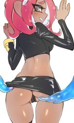 Rule 34 | 1girl, agent 8 (splatoon), ass, bad id, bad twitter id, black panties, black skirt, breasts, cleft of venus, clothes lift, cowboy shot, dark-skinned female, dark skin, from behind, furrowed brow, grey eyes, grin, highres, jtveemo, legs apart, long hair, long sleeves, looking back, medium breasts, microskirt, nintendo, octoling, octoling girl, octoling player character, panties, partially visible vulva, pencil skirt, red hair, simple background, skindentation, skirt, skirt lift, smile, solo, splatoon (series), splatoon 2, splatoon 2: octo expansion, suction cups, tentacle hair, tentacles, tentacles under clothes, thigh strap, thighs, tight clothes, underwear, white background, wristband