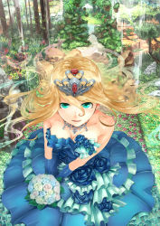 Rule 34 | 1girl, aqua eyes, blonde hair, blue dress, blue gloves, blue rose, bouquet, breasts, cleavage, dress, floating hair, flower, frilled dress, frills, from above, gem, gloves, hair between eyes, highres, jewelry, looking at viewer, nature, necklace, original, outdoors, parted lips, princess, rose, smile, solo, tenha (tenpalion444), tiara, transparent, water, waterfall