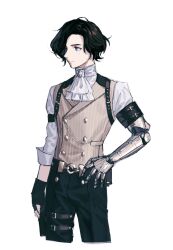Rule 34 | bishounen, black gloves, black hair, blue eyes, fingerless gloves, gloves, highres, lies of p, looking to the side, male focus, mechanical arms, mik blamike, neckerchief, pinocchio (lies of p), shirt, simple background, single mechanical arm, solo, vest, white background, white shirt