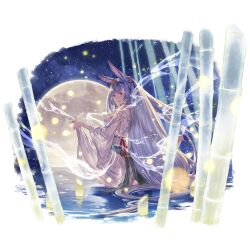 Rule 34 | 1girl, animal ears, bamboo, full moon, granblue fantasy, hair ornament, japanese clothes, kaguya (granblue fantasy), long hair, minaba hideo, moon, official art, rabbit ears, red eyes, sky, star (sky), starry sky, third-party source, transparent background, wading, water, wet, wet clothes, white hair