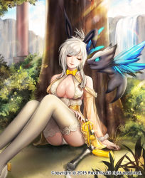 Rule 34 | 10s, 1girl, animal ears, arm support, artist name, bare shoulders, blade &amp; soul, bracelet, breasts, cleavage cutout, clothing cutout, creature, day, closed eyes, hair ornament, jewelry, large breasts, lens flare, necktie, outdoors, panties, ravaniz, see-through, short hair, sitting, sleeping, solo, sunlight, text focus, thighhighs, tree, underwear, water, waterfall, white hair, white panties, white thighhighs