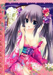 Rule 34 | 1girl, :d, blue eyes, blush, breasts, cleavage, flower, hair flower, hair ornament, highres, japanese clothes, kimono, long hair, looking at viewer, medium breasts, off shoulder, open mouth, original, pink kimono, purple hair, shiramori yuse, smile, solo, twintails, very long hair, yukata