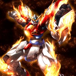 Rule 34 | black background, blue eyes, build burning gundam, burning, clenched hands, embers, fighting stance, glowing, glowing eyes, gundam, gundam build fighters, gundam build fighters try, haganef, looking at viewer, mecha, no humans, robot, solo, v-fin