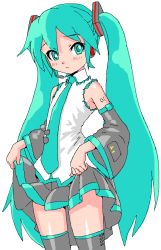 Rule 34 | 1girl, detached sleeves, green eyes, green hair, hatsune miku, headset, koyopi, long hair, matching hair/eyes, necktie, one eye closed, simple background, sketch, skirt, skirt hold, solo, thighhighs, twintails, very long hair, vocaloid, white background, wink