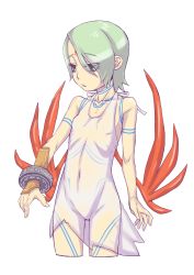 Rule 34 | 1girl, bracelet, breath of fire, breath of fire v, dress, facial mark, full-body tattoo, green hair, hair over one eye, highres, jewelry, navel, nina (breath of fire v), red wings, see-through, short hair, simple background, solo, tattoo, white background, white dress, wings