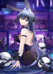 Rule 34 | 1girl, absurdres, animal ears, armband, ass, azur lane, back, backless leotard, backless outfit, bar (place), bare shoulders, blue eyes, blue hair, bottle, breasts, character name, choker, closed mouth, from behind, hair between eyes, hair intakes, highres, large breasts, leotard, lina 114, long hair, looking at viewer, looking back, new jersey (azur lane), new jersey (exhilarating steps!) (azur lane), official alternate costume, playboy bunny, rabbit ears, sideboob, sitting, smile, very long hair, wristband