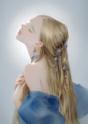 Rule 34 | 1girl, artist name, bare shoulders, beads, blonde hair, blue dress, brooch, choker, closed eyes, dadachyo, detached sleeves, dress, earrings, english text, eyelashes, facing up, fingernails, from side, grey background, grey hair, hair ornament, hair over shoulder, half updo, hands up, highres, holding, holding own hair, jewelry, light particles, lipstick, long hair, makeup, original, own hands together, parted hair, parted lips, pink lips, solo, straight hair, upper body, watermark, web address